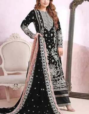 Aneela Black Embroidered Velvet Dress – Unstitched Luxury Wedding & Party Outfit with Rich Embellishments