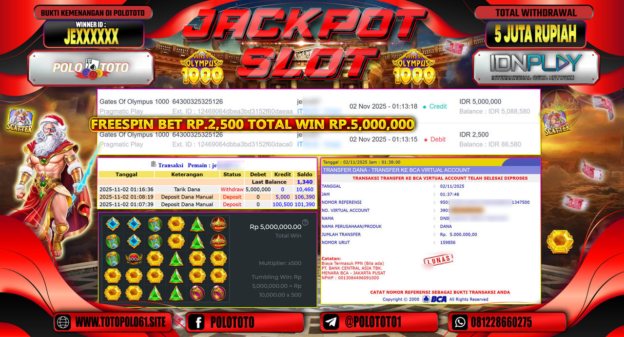 POLOTOTO JACKPOT SLOT GATES OF OLYMPUS 1000 Rp.5.000.000,- LUNAS