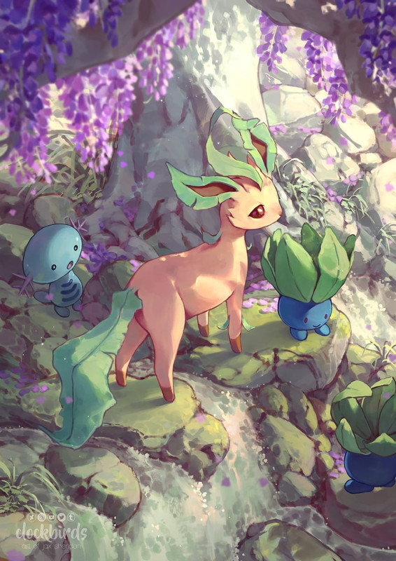 leafeon-oddish-and-wooper-pokemon-drawn-