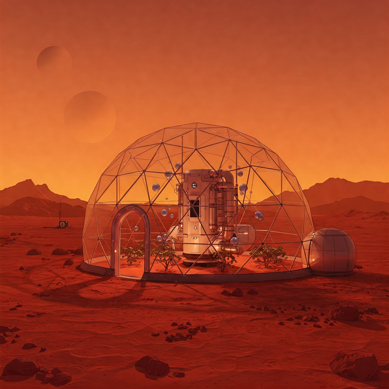 A sophisticated robotic unit autonomously working to modify the Martian environment, perhaps releasing greenhouse gases or extracting resources.