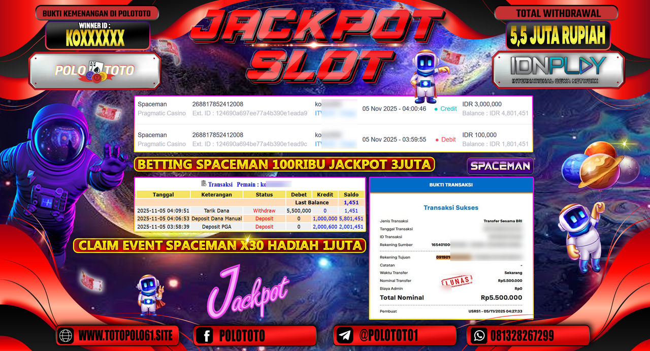 POLOTOTO JACKPOT SLOT SPACEMAN Rp.5.500.000,- LUNAS