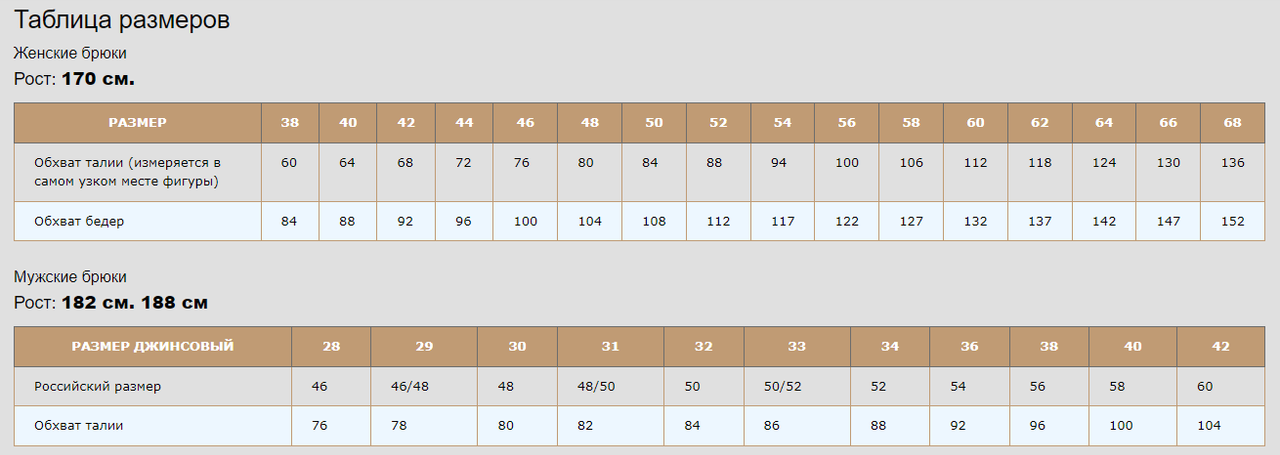 Таблица размеров