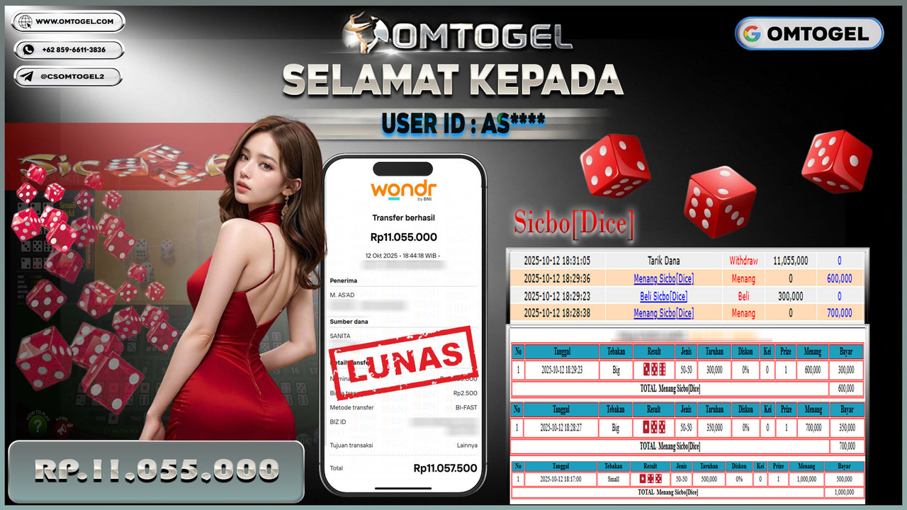 OMTOGEL JACKPOT LIVE GAMES SICBO 11 JUTA DI BAYAR LUNAS ,-