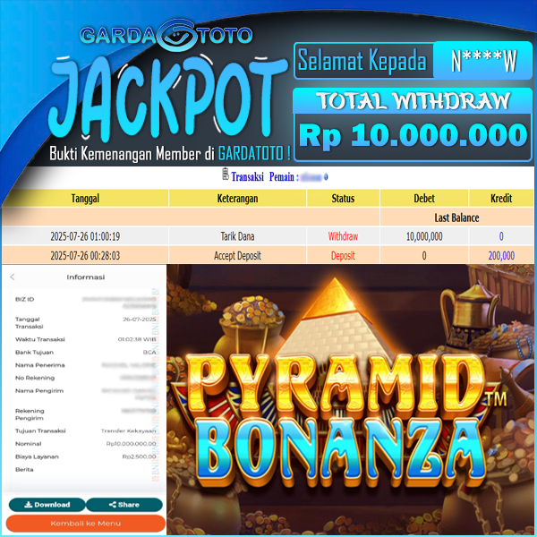 JACKPOT MAIN DI SLOT PRAGMATIC PLAY PYRAMID BONANZA WD Rp 10,000,000,- DIBAYAR LUNAS GARDATOTO