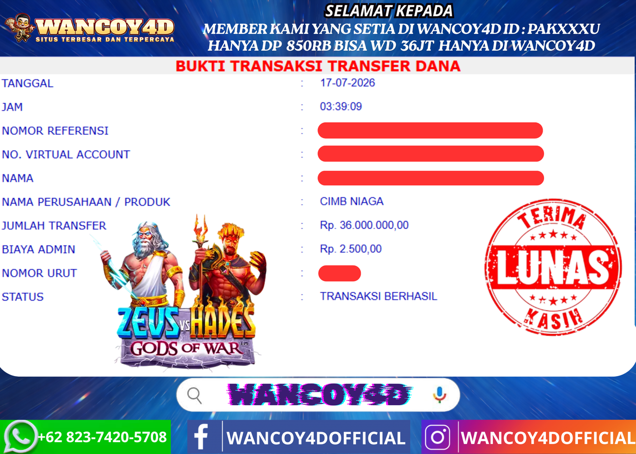 WANCOY4D ZEUS VS HADES  GODS OF WAR PRAGMATIC RP.36.000.000 -LUNAS