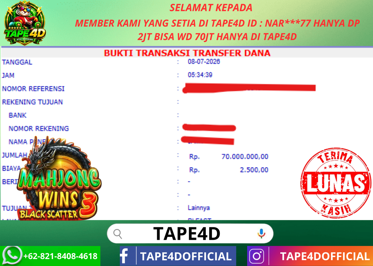 TAPE4D JACKPOT MAHJONG WINS 3 BLACK SCATTER PRAGMATIC 70.000.000-LUNAS