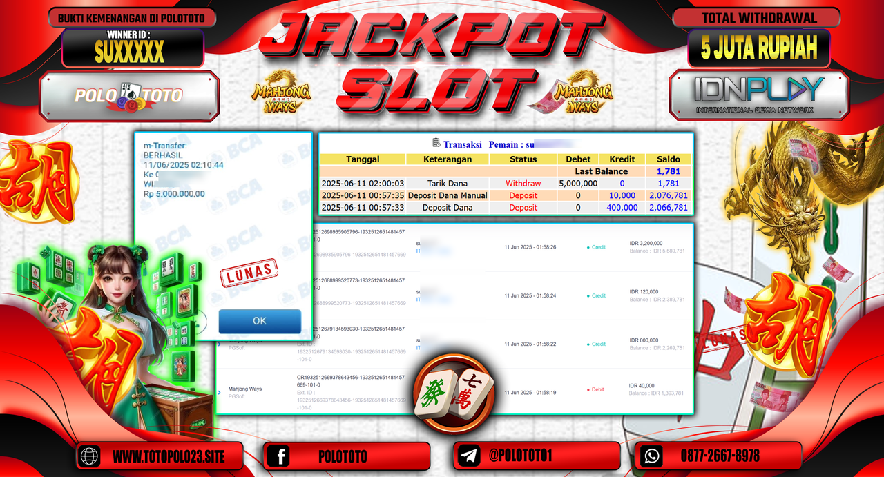 POLOTOTO JACKPOT SLOT MAHJONG WAYS Rp.5.000.000,-