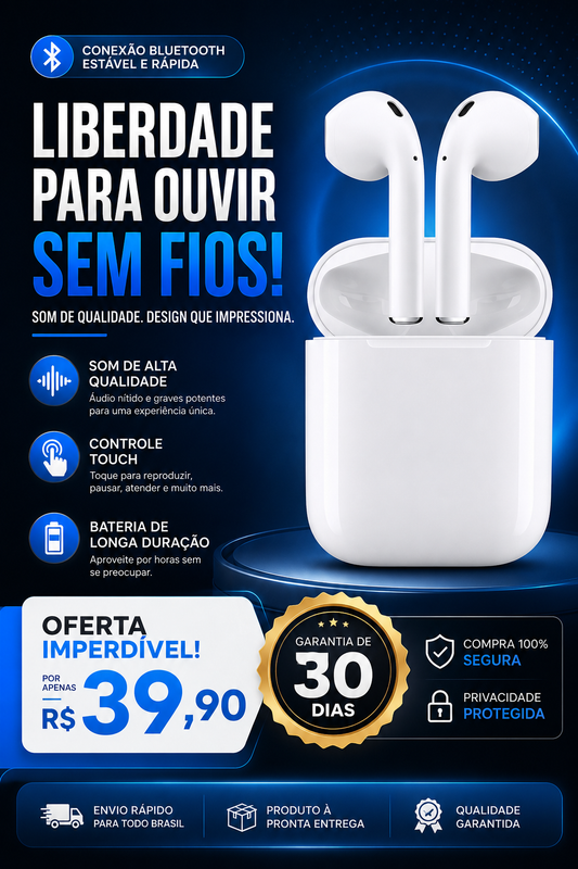 Fone de Ouvido Bluetooth i12 sem fio, compatível com Android e iPhone