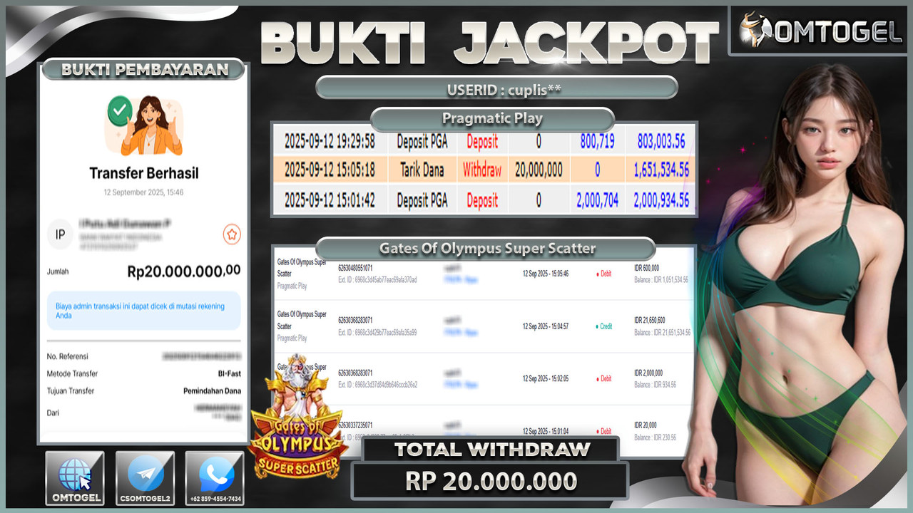 OMTOGEL JACKPOT PRAGMATIC PLAY GATES OF OYLMPUS SUPER SCATTER 20 JUTA DI BAYAR LUNAS ,-