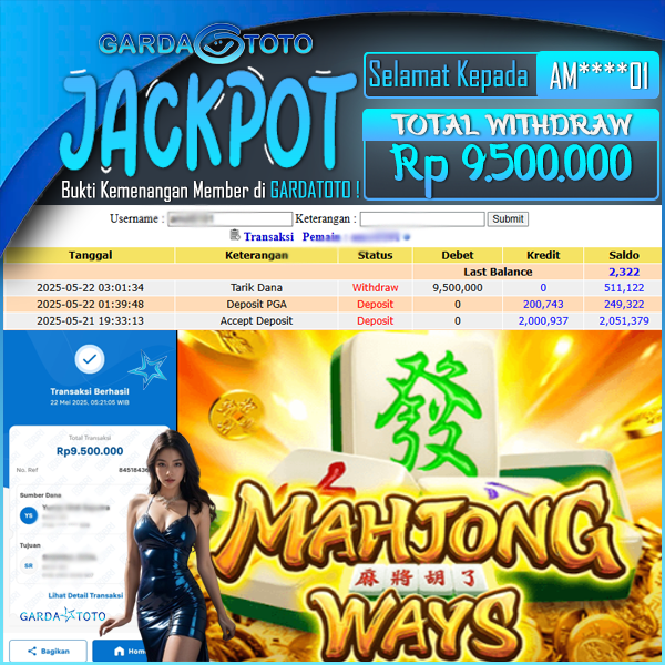 JACKPOT SLOT MAIN DI SLOT  MAHJONG WAYS WD Rp 9.500.000,- DIBAYAR LUNAS GARDATOTO MANTAP !