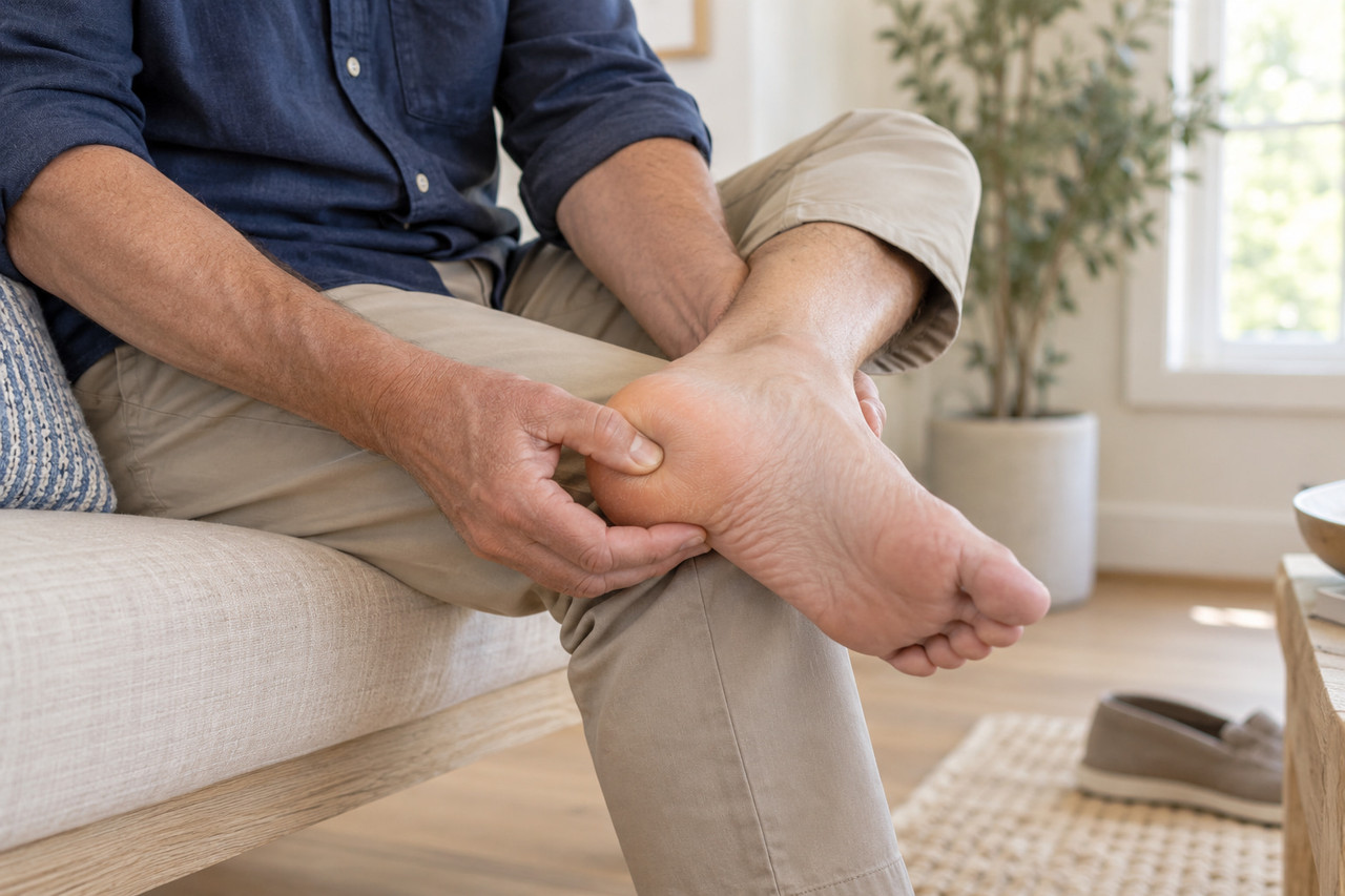 person holding foot, heel visible