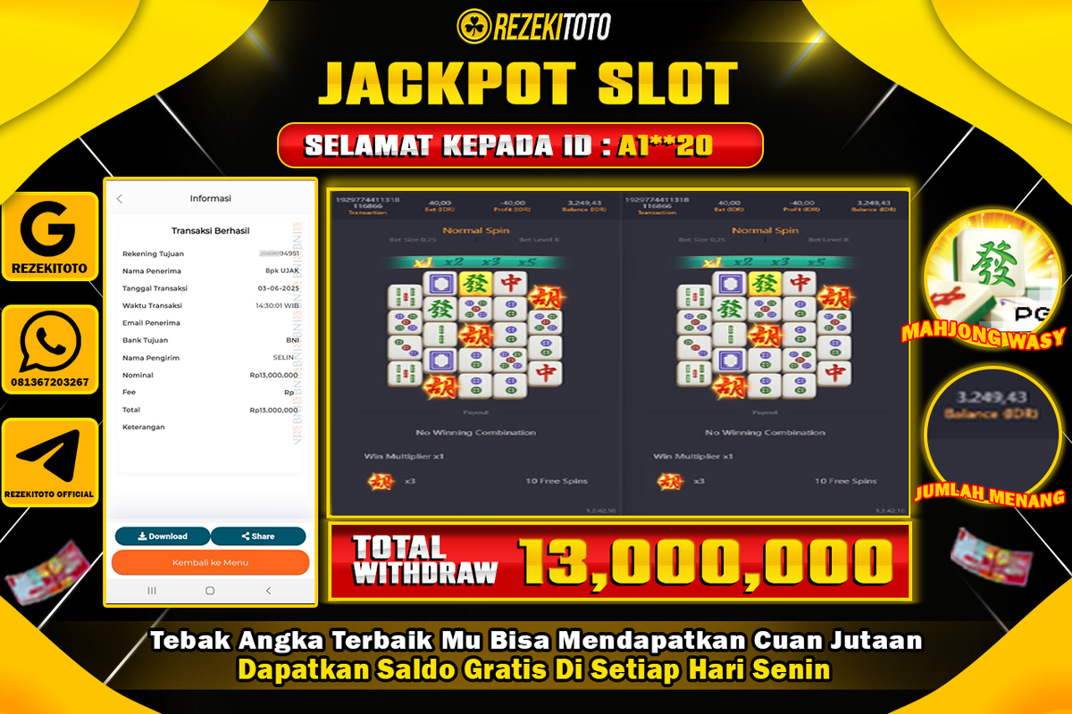BUKTI KEMENANGAN 03 JUNI 2025 WD MAHJONG WASY 13 JUTA 