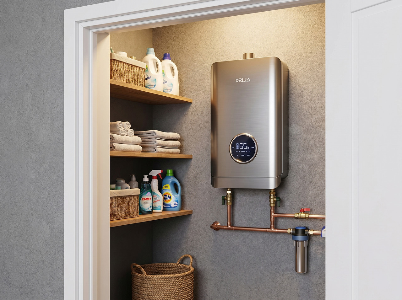 Calentador de agua a gas Drija con pantalla LED digital instalado en un ambiente residencial