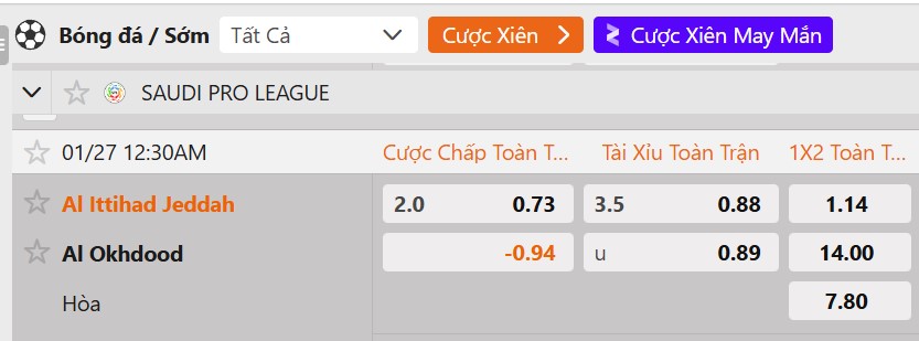 Tỷ lệ kèo Al Ittihad Jeddah vs Al-Akhdoud