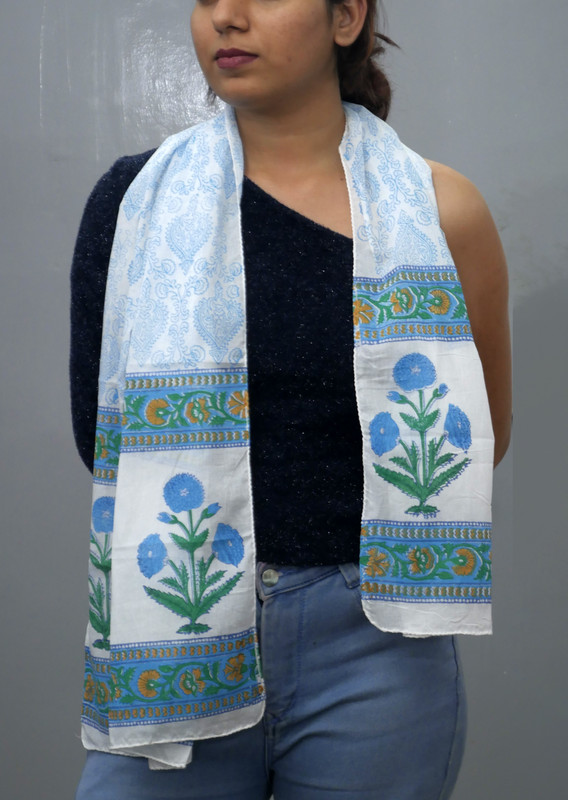 Blue Floral Handblock Printed Cotton Stole