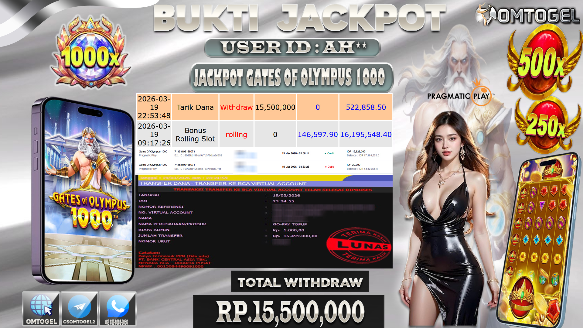 OMTOGEL JACKPOT PRAGMATIC PLAY GATES OF OLYMPUS 1000, 15 JUTA DI BAYAR LUNAS ,-