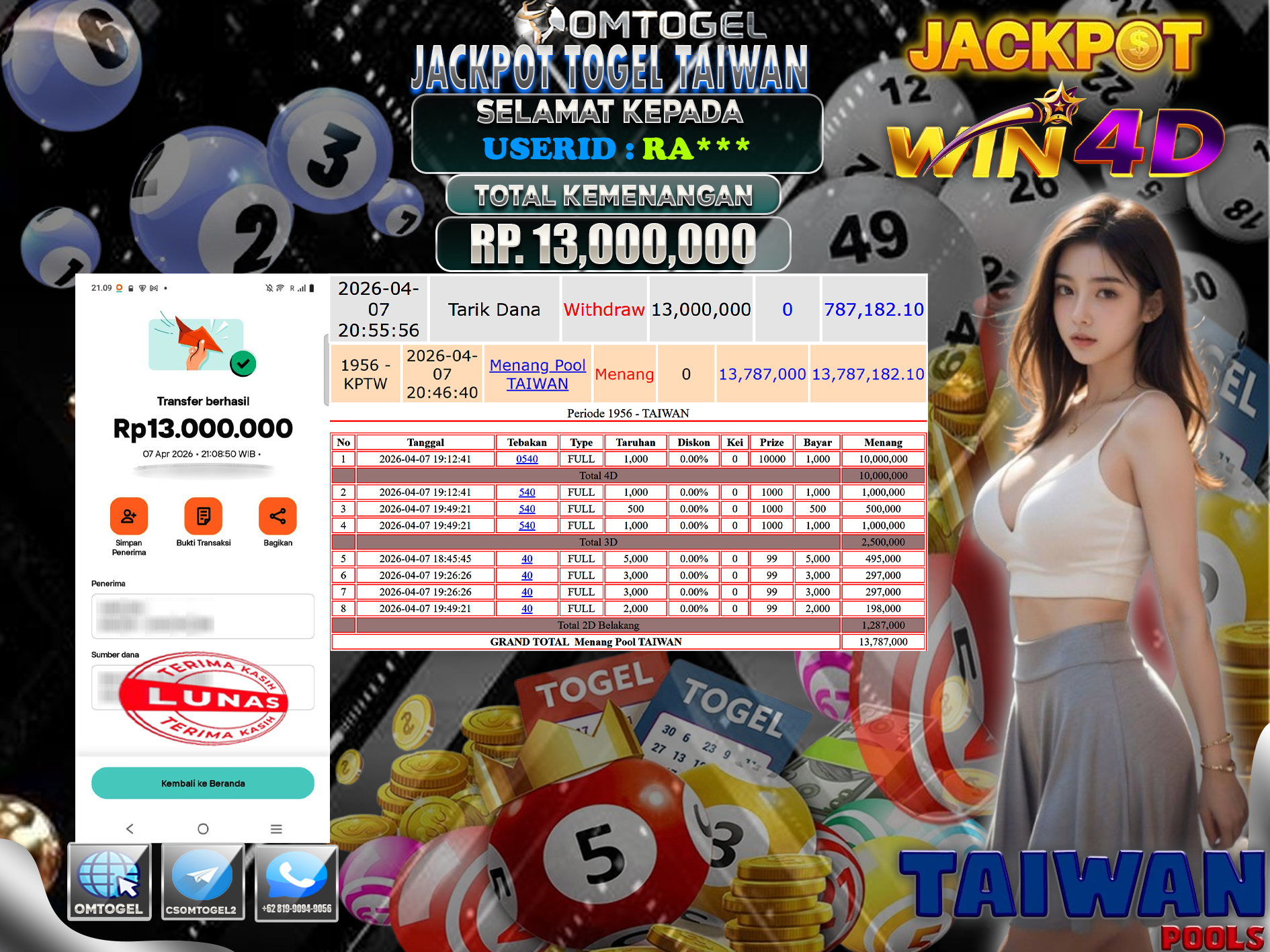 OMTOGEL JACKPOT TOGEL TAIWAN 4D 3D 2D, 13 JUTA DI BAYAR LUNAS ,-