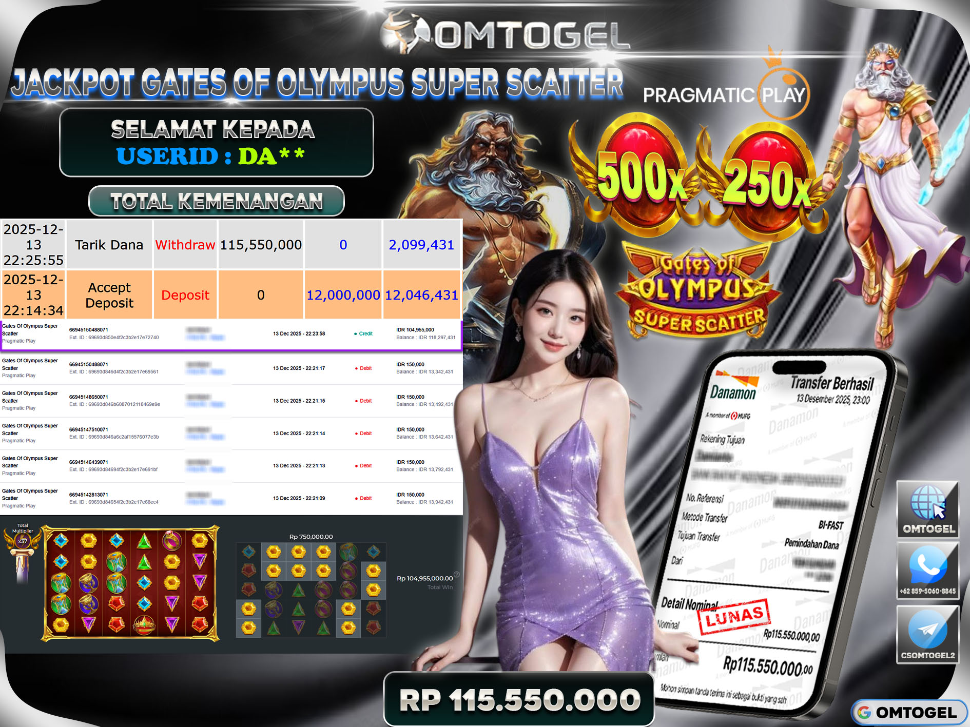OMTOGEL JACKPOT PRAGMATIC PLAY GATES OF OLYMPUS SUPER SCATTER  ,115 JUTA DI BAYAR LUNAS ,-