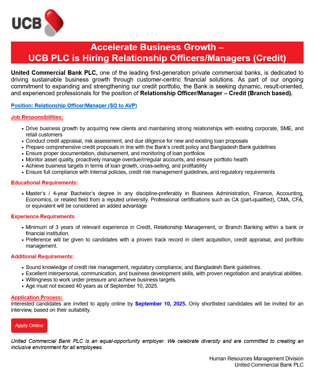 United Commercial Bank Job Circular 2025