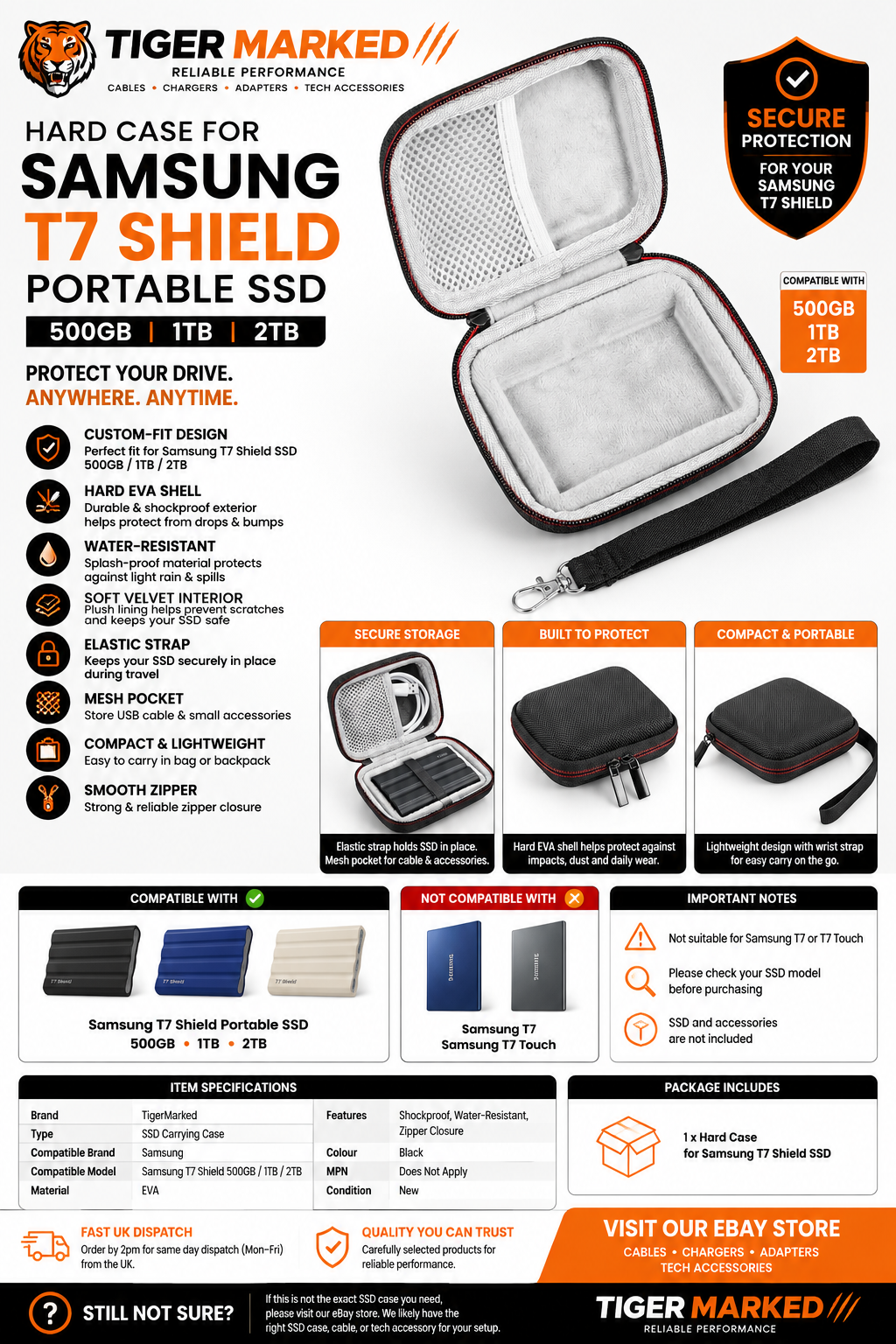 Hard Case for Samsung T7 Shield Portable SSD 500GB 1TB 2TB Black