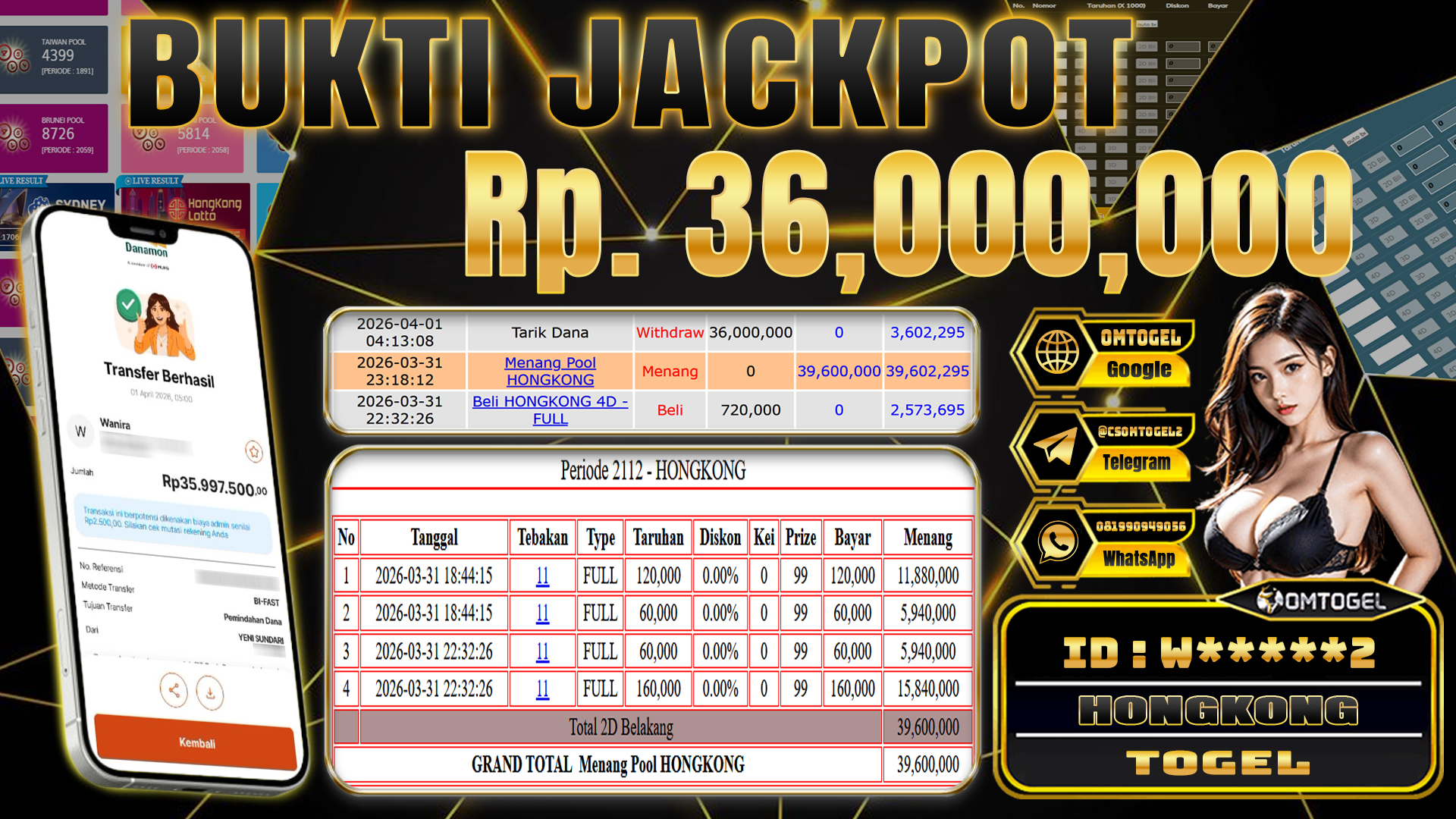 OMTOGEL JACKPOT TOGEL HONGKONG LOTTO, 36 JUTA DI BAYAR LUNAS ,-