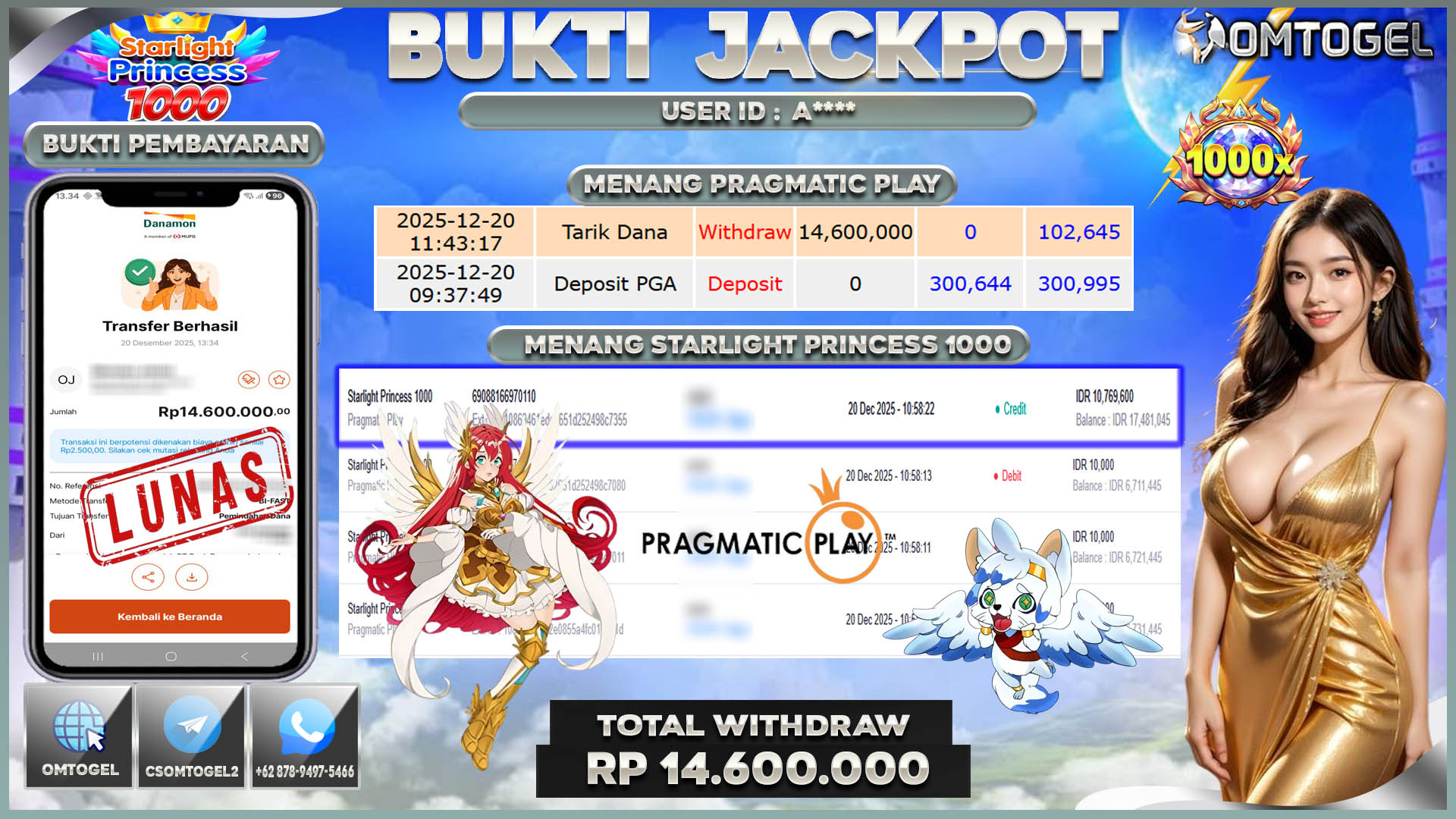 OMTOGEL JACKPOT PRAGMATIC PLAY STARLIGHT PRINCESS 1000  ,14 JUTA DI BAYAR LUNAS ,-
