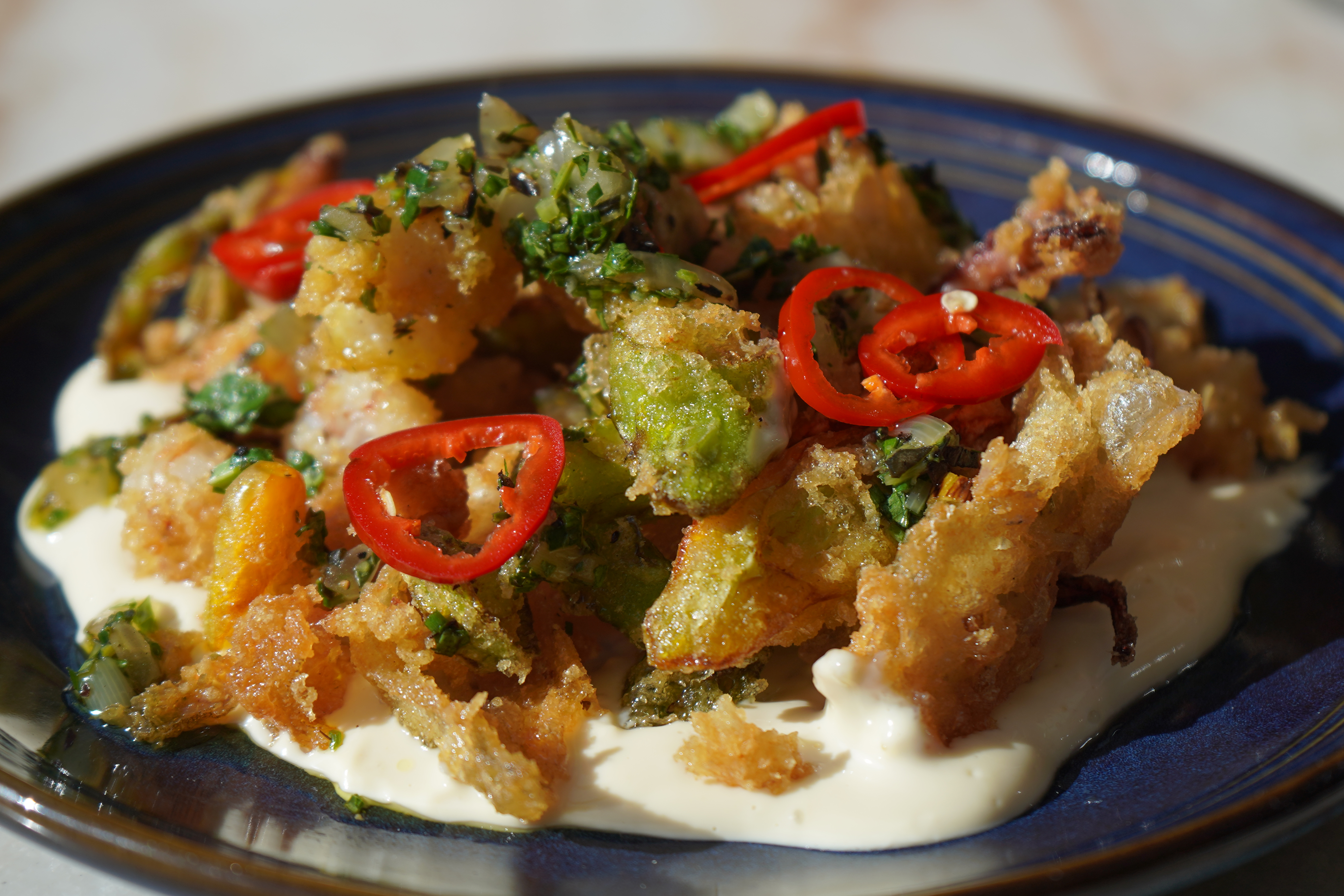 Artfully presented Frito Misto seafood dish