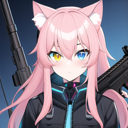 light pink hair, cyberpunk, cat ears, teenage, 1 girl, assault rifle, odd eye, y s-225414722