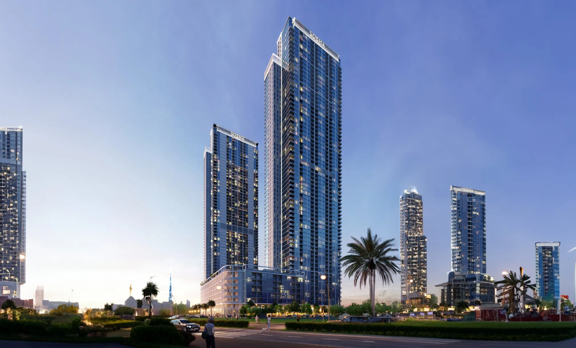 Exterior architectural rendering of Sobha Creek Vistas Heights - Tower A in Sobha Hartland Dubai featuring a modern luxury residential tower overlooking the city skyline and waterfront, highlighted as a Distress Deal investment opportunity
