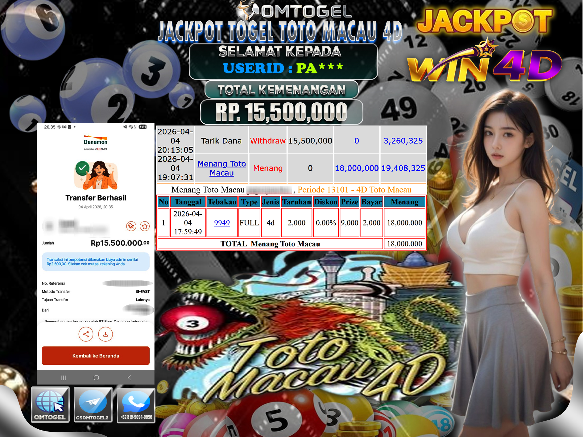OMTOGEL JACKPOT TOGEL TOTO MACAU 4D , 15 JUTA DI BAYAR LUNAS ,-