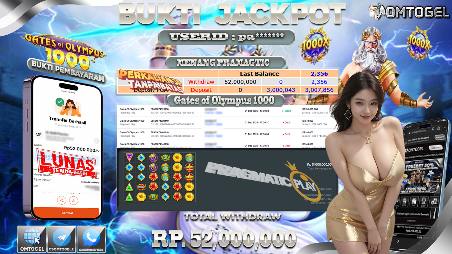 OMTOGEL JACKPOT PRAGMATIC PLAY GATES OF OLYMPUS 1000  ,52 JUTA DI BAYAR LUNAS ,-