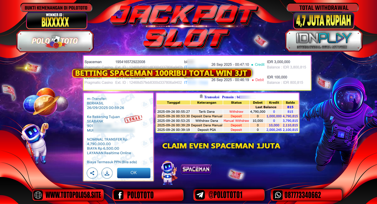 POLOTOTO JACKPOT SLOT SPACEMAN Rp.4.700.000,- LUNAS