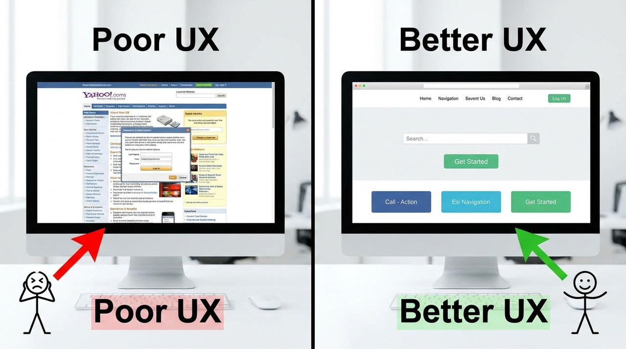 Comparison showing poor and better website user experience design
