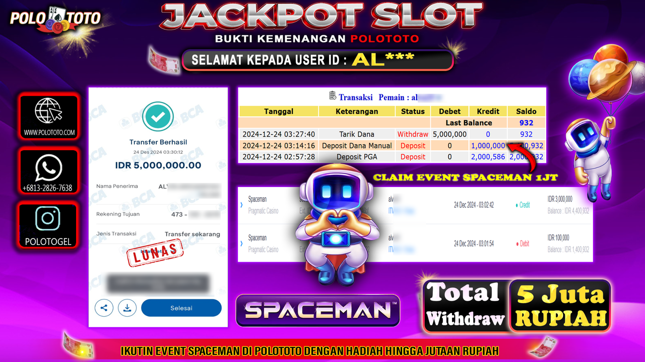 POLOTOTO JACKPOT SLOT SPACEMAN Rp.5,000.000,-