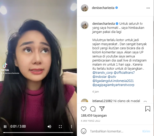Denise Chariesta minta stasiun tv tak pekerjakan Dewi Perssik lagi
