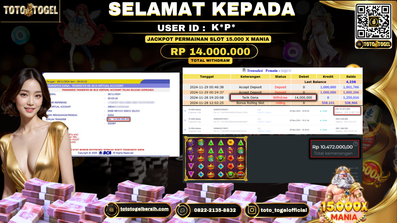 Bukti Pembayaran Jackpot Permainan Slot 15.000X Mania ID: K*P* LUNAS 