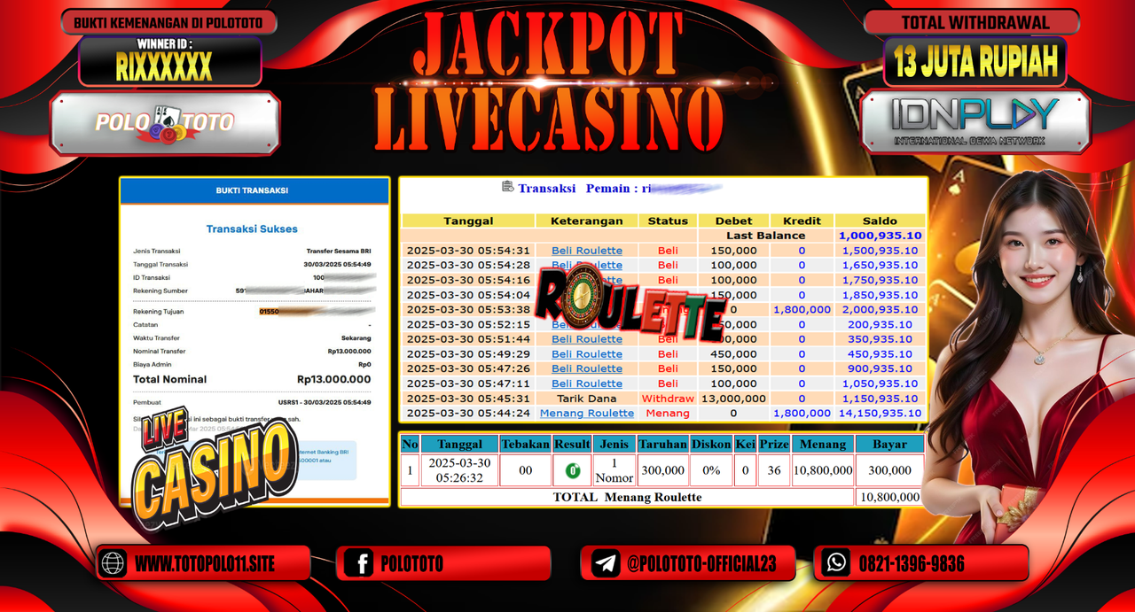 POLOTOTO JACKPOT LIVE CASINO ROULETTE  Rp.13.000.000,-