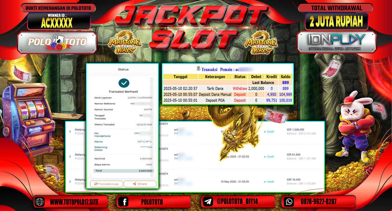 POLOTOTO JACKPOT SLOT MAHJONG WAYS Rp.2.000.000,-