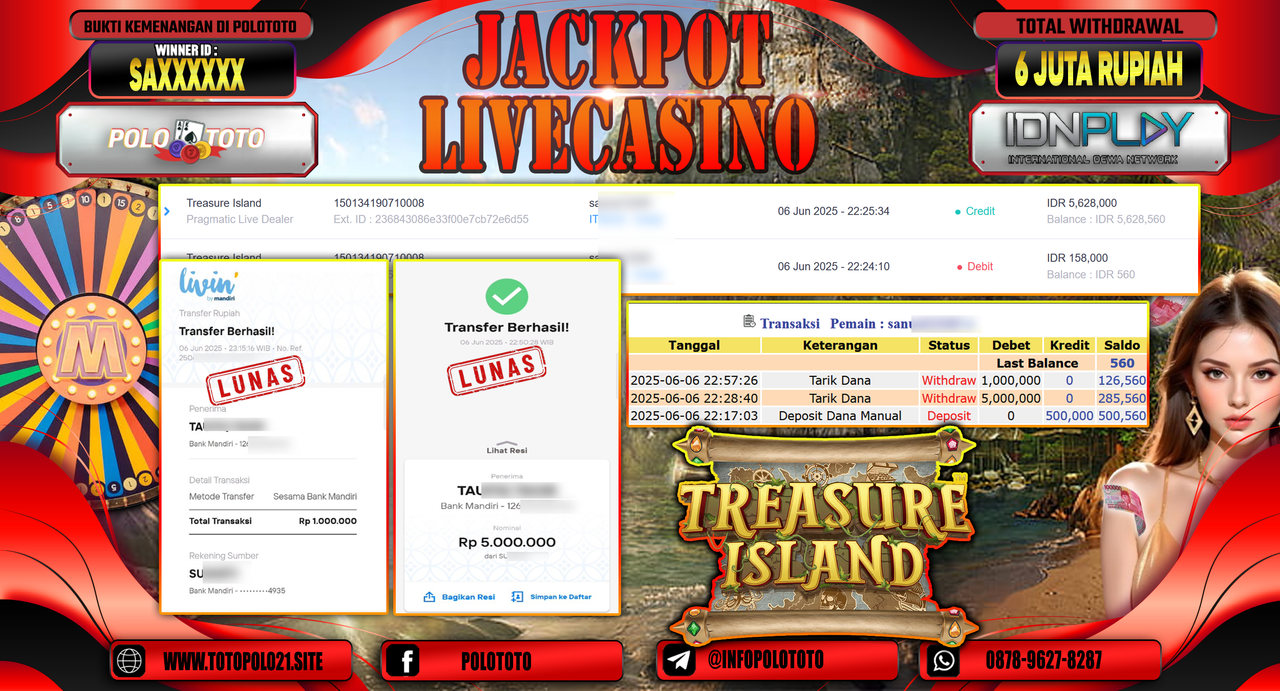 POLOTOTO JACKPOT LIVE CASINO TREASURE ISLAND Rp.6.000.000,-