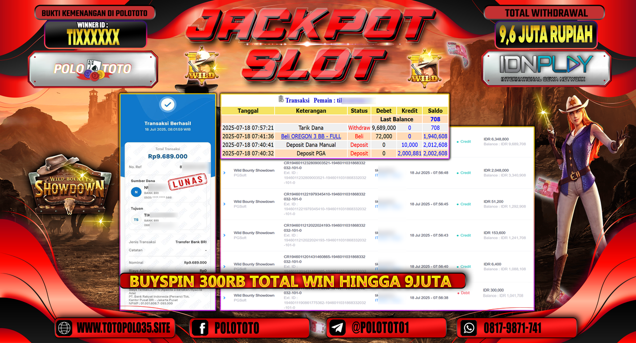 POLOTOTO JACKPOT SLOT WILD BOUNTY SHOWDOWN Rp.9.600.000,- LUNAS