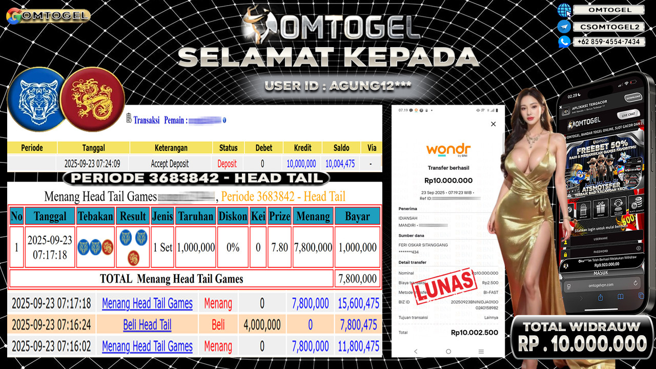 OMTOGEL JACKPOT LIVE GAMES HEAD TAIL 10 JUTA DI BAYAR LUNAS ,-