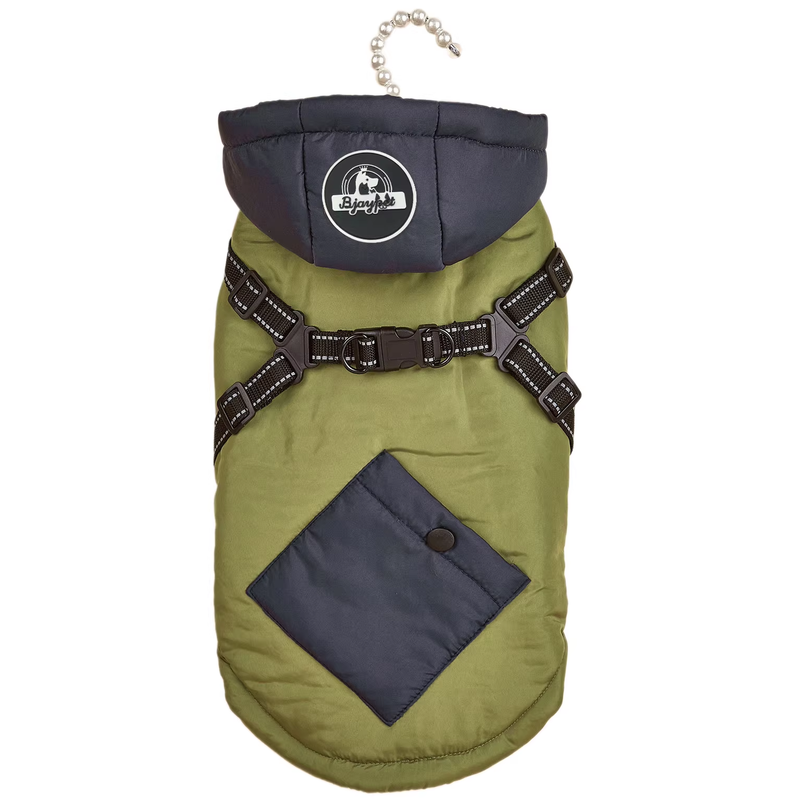 Green Thickened Winter Dog Coat with Reflective Strips – Waterproof, Windproof Pet Jacket for Small to Medium Dogs, Adjustable Fit with Detachable Leash Hook and Decorative Velcro Patch(Size: L)
