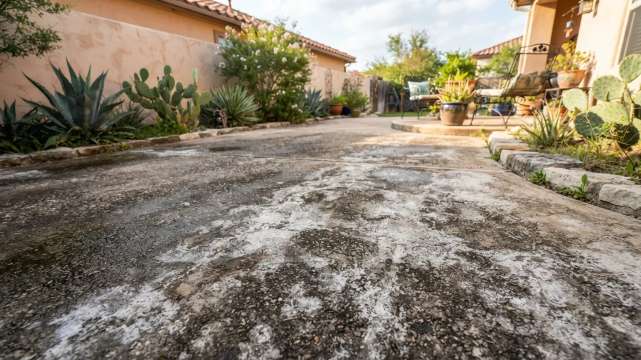 Efflorescence white mineral deposits stained concrete San Antonio