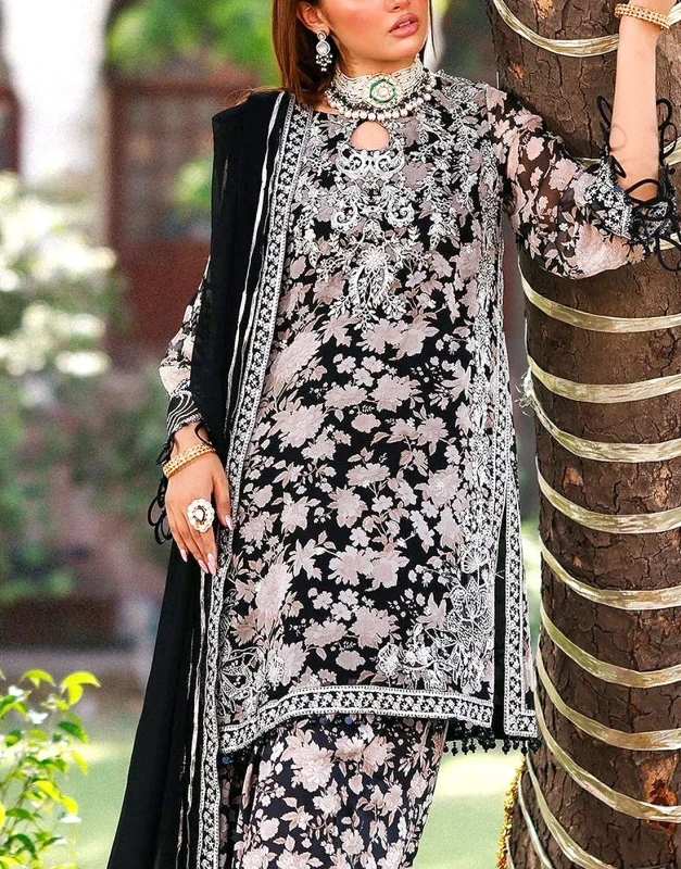 Black & White Floral Chiffon Unstitched Party Dress – Zari & Sequin Work