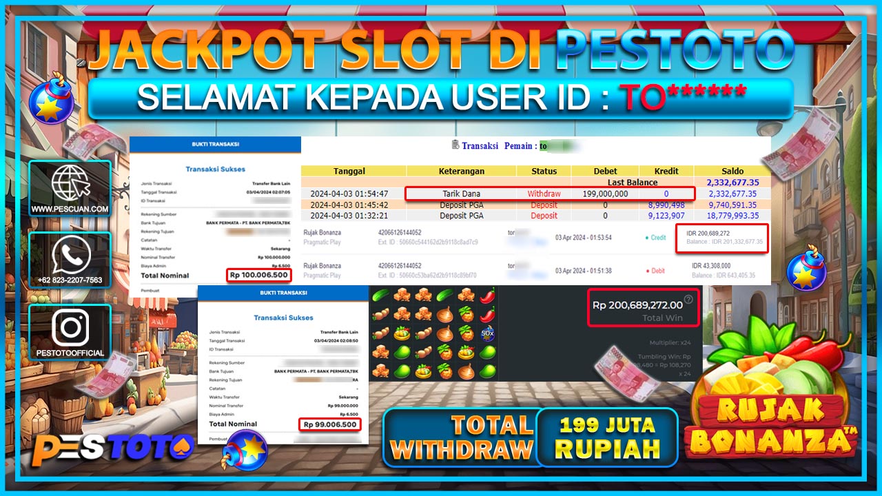 HANYA DI PESTOTO JP PASTI DI BAYAR LUNAS DAN CEPAT!!!!!! JP SLOT {  RUJAK BONANZA } Rp.199.000.000 !!!!!