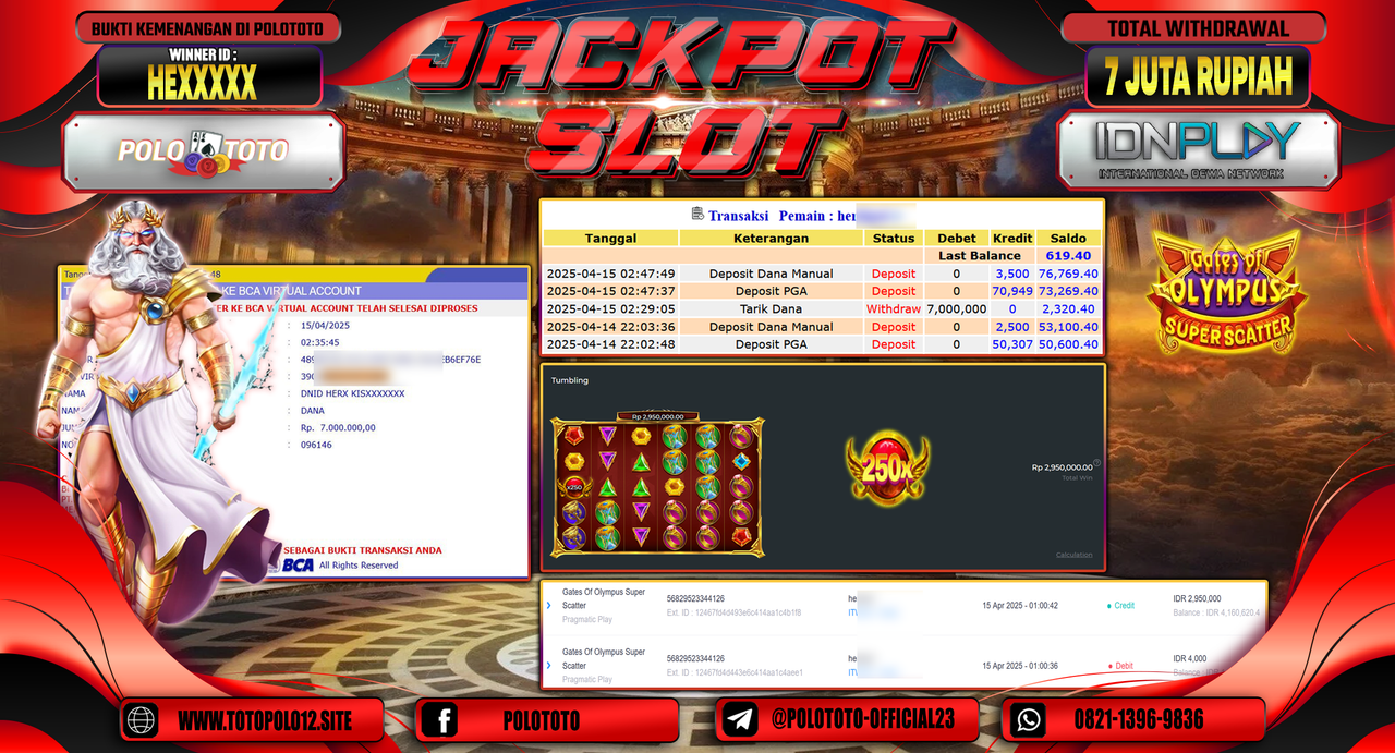 POLOTOTO JACKPOT SLOT GATES OF OLYMPUS SUPER SCATTER Rp.7.000.000,-