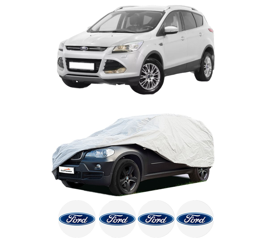 Husa tip prelata auto pentru FORD KUGA II (DM2) din 2013-2019, Culoare Gri, material textil impermeabil, rezistanta la intemperii praf UV, CARPASSION Husa Protectie, 4 Stickere auto cu FORD