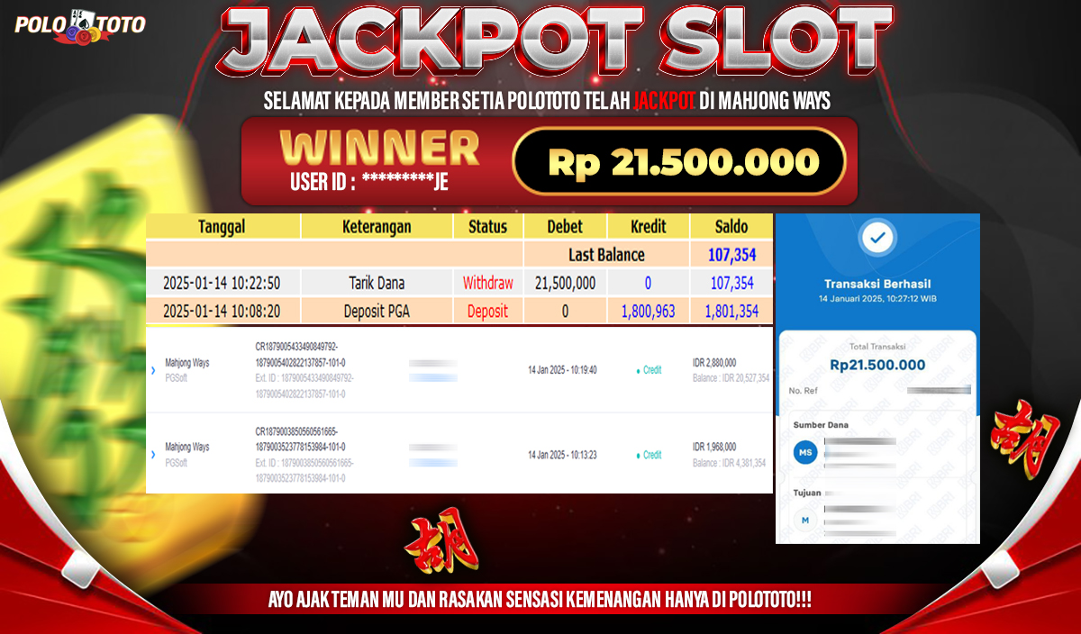 POLOTOTO JACKPOT SLOT MAHJONG WAYS Rp.21,500.000,-