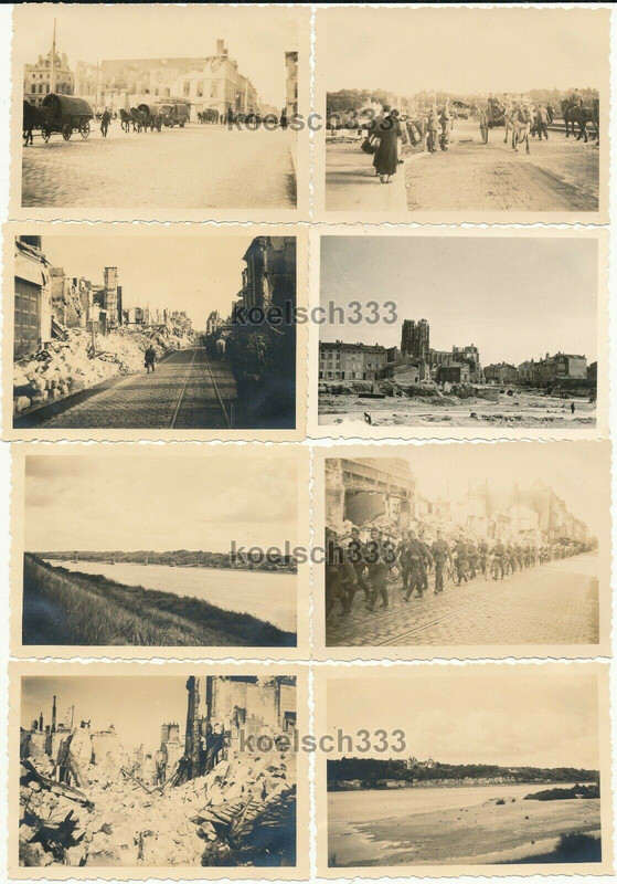 8 Fotos Wehrmacht in Frankreich Ruinen Kathedrale Pferde Gefechtswagen Anhänger