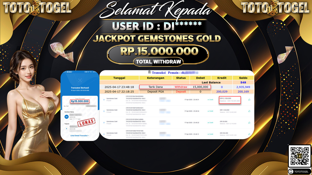 Bukti Pembayaran Jackpot  Permainan Slot Gemstones Gold ID:DI****** LUNAS
